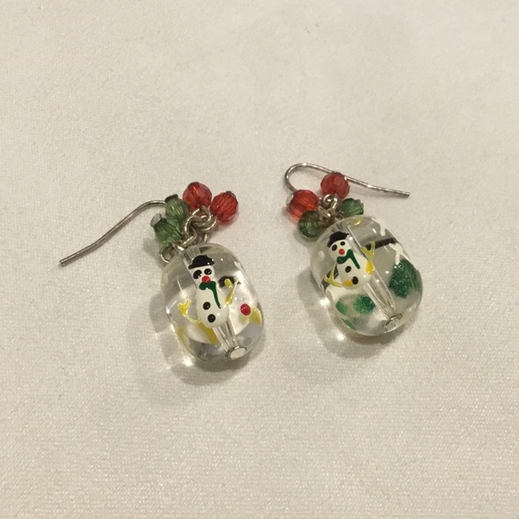 Vintage Jewelry - Vintage Lampwork Glass Snowman Mistletoe Earrings